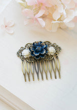 Load image into Gallery viewer, Gold Tipped Navy Blue Dark Blue Vintage Style Hair Comb Cherry Blossoms Rose Floral Collage Comb Brass Filigree Hair Comb Navy Wedding
