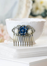 Load image into Gallery viewer, Gold Tipped Navy Blue Dark Blue Vintage Style Hair Comb Cherry Blossoms Rose Floral Collage Comb Brass Filigree Hair Comb Navy Wedding
