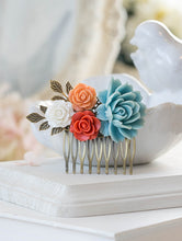 Load image into Gallery viewer, Burnt Orange Tangerine White Ivory Sky Blue Flowers Hair Comb Blue Coral Wedding Bridal Hair Comb Bridesmaid Gift Romantic Country Chic
