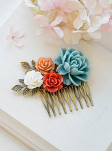 Load image into Gallery viewer, Burnt Orange Tangerine White Ivory Sky Blue Flowers Hair Comb Blue Coral Wedding Bridal Hair Comb Bridesmaid Gift Romantic Country Chic
