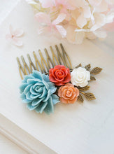 Load image into Gallery viewer, Burnt Orange Tangerine White Ivory Sky Blue Flowers Hair Comb Blue Coral Wedding Bridal Hair Comb Bridesmaid Gift Romantic Country Chic
