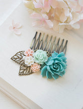 Load image into Gallery viewer, Blue and Pink Wedding Hair Comb Blue Ivory Pink Rose Flower Bridal Hair Comb Vintage Style Woodland Wedding Country Chic Bridesmaid Gift
