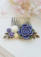 画像をギャラリービューアに読み込む, Purple Wedding Hair Accessory Bridal Hair Comb Large Purple Rose Ivory Flowers Collage Hair Comb Leaf Branch Hair Comb Bridesmaid Gift
