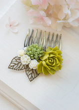 Load image into Gallery viewer, Chartreuse Green Wedding Hair Comb Olive Green Sage Green Ivory Rose Flower Bridal Hair Comb Woodland Bridal Bridesmaid Gift Vintage Wedding
