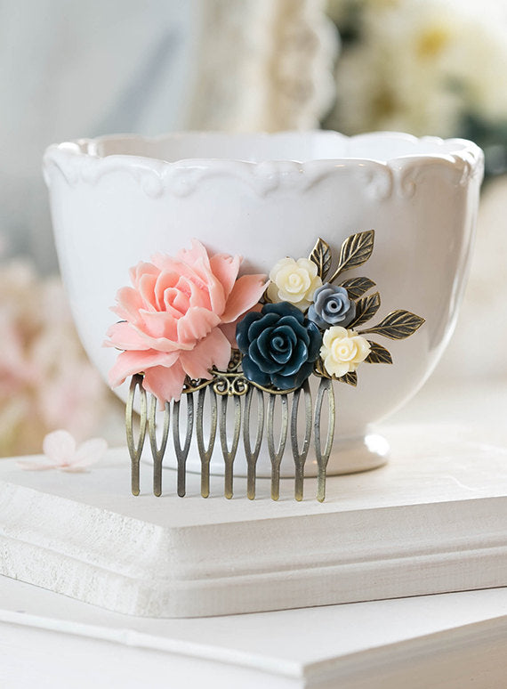 Bridal Hair Comb Blush Pink Gray Ivory Navy Blue Wedding Country Wedding Woodland Wedding Hair Accessory Bridesmaid Gift Bridal Hairpiece