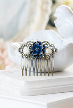 Load image into Gallery viewer, Gold Tipped Navy Blue Dark Blue Vintage Style Hair Comb Cherry Blossoms Rose Floral Collage Comb Brass Filigree Hair Comb Navy Wedding
