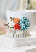 Load image into Gallery viewer, Burnt Orange Tangerine White Ivory Sky Blue Flowers Hair Comb Blue Coral Wedding Bridal Hair Comb Bridesmaid Gift Romantic Country Chic
