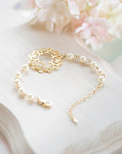 Load image into Gallery viewer, Bridal Bracelet Bridesmaid Bracelet Gold Filigree Cream White Pearls Bracelet Adjustable Bracelet Bridesmaid Gift Gold Wedding Jewelry
