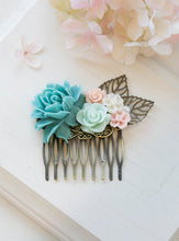 Load image into Gallery viewer, Blue and Pink Wedding Hair Comb Blue Ivory Pink Rose Flower Bridal Hair Comb Vintage Style Woodland Wedding Country Chic Bridesmaid Gift
