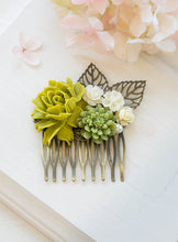 Load image into Gallery viewer, Chartreuse Green Wedding Hair Comb Olive Green Sage Green Ivory Rose Flower Bridal Hair Comb Woodland Bridal Bridesmaid Gift Vintage Wedding
