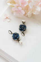 Load image into Gallery viewer, Dark Blue Earrings, Blue Flower with Cream Pearl Earrings, Navy Blue Earrings, Rose Earrings, Something Blue Wedding Bridesmaid Earrings
