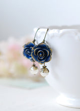 Load image into Gallery viewer, Dark Blue Earrings, Blue Flower with Cream Pearl Earrings, Navy Blue Earrings, Rose Earrings, Something Blue Wedding Bridesmaid Earrings
