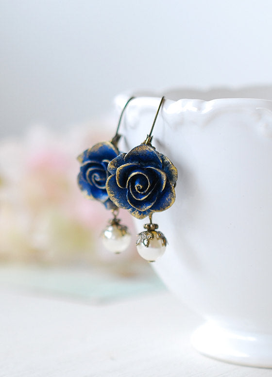 Dark Blue Earrings, Blue Flower with Cream Pearl Earrings, Navy Blue Earrings, Rose Earrings, Something Blue Wedding Bridesmaid Earrings