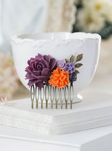 画像をギャラリービューアに読み込む, Plum Eggplant Purple Orange Wedding Hair Comb Purple Tangerine Bridal Hair Comb Rose Flower Leaf Hair Comb Bridesmaid Gift Country Wedding
