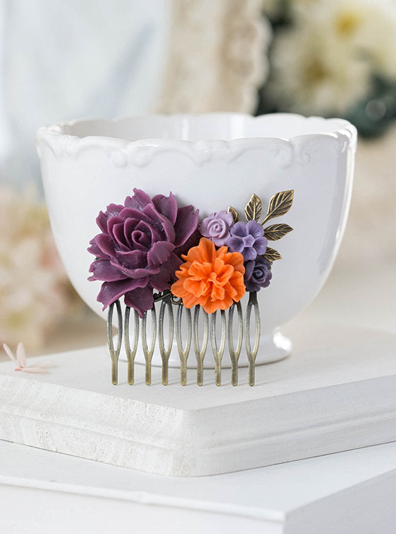 Plum Eggplant Purple Orange Wedding Hair Comb Purple Tangerine Bridal Hair Comb Rose Flower Leaf Hair Comb Bridesmaid Gift Country Wedding