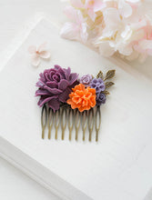 画像をギャラリービューアに読み込む, Plum Eggplant Purple Orange Wedding Hair Comb Purple Tangerine Bridal Hair Comb Rose Flower Leaf Hair Comb Bridesmaid Gift Country Wedding
