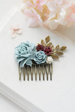 Load image into Gallery viewer, Bridal Hair Comb Dusty Blue Dusky Blue Powder Blue Maroon Burgundy  Dark Red Ivory Rose Flower Collage Comb Country Chic Garden Wedding Comb
