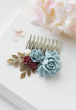 Load image into Gallery viewer, Bridal Hair Comb Dusty Blue Dusky Blue Powder Blue Maroon Burgundy  Dark Red Ivory Rose Flower Collage Comb Country Chic Garden Wedding Comb
