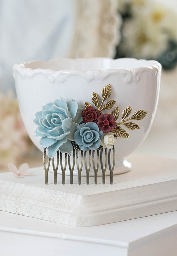 Bridal Hair Comb Dusty Blue Dusky Blue Powder Blue Maroon Burgundy  Dark Red Ivory Rose Flower Collage Comb Country Chic Garden Wedding Comb