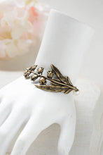 Load image into Gallery viewer, Lily of the Valley Bracelet Cream White Pearls Antiqued Brass Flower Bracelet Vintage Wedding Bridal Bracelet lily of the valley jewelry
