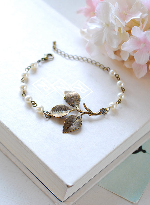 Leaf Bracelet Antiqued Brass Leaf Sprig White Cream Pearls Adjustable Bracelet Woodland Wedding Jewelry Bridal Bracelet mothers day gift