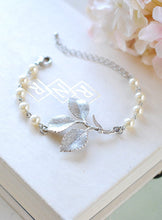 Load image into Gallery viewer, Silver Leaf Branch Bracelet Bridal Bracelet White Cream Pearls Adjustable Bracelet Woodland Wedding Bridesmaid Gift Gift for Her
