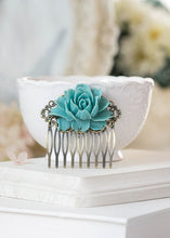 Load image into Gallery viewer, Teal Blue Rose Flower Hair Comb Teal Blue Wedding Hair Accessory Bridal Hair Comb Antiqued Brass Filigree Comb Victorian Bridesmaid Gift
