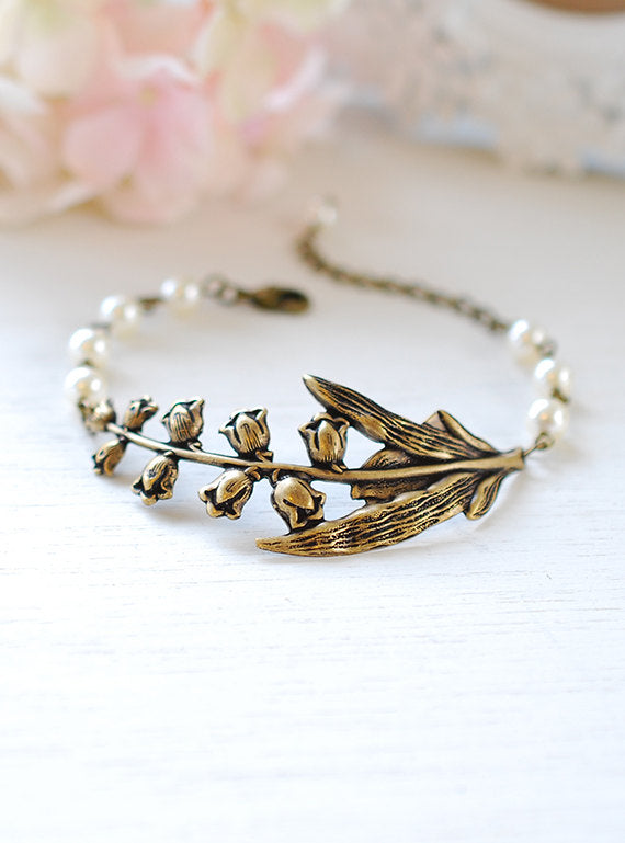 Lily of the Valley Bracelet Cream White Pearls Antiqued Brass Flower Bracelet Vintage Wedding Bridal Bracelet lily of the valley jewelry