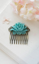 Load image into Gallery viewer, Teal Blue Rose Flower Hair Comb Teal Blue Wedding Hair Accessory Bridal Hair Comb Antiqued Brass Filigree Comb Victorian Bridesmaid Gift
