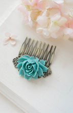 Load image into Gallery viewer, Teal Blue Rose Flower Hair Comb Teal Blue Wedding Hair Accessory Bridal Hair Comb Antiqued Brass Filigree Comb Victorian Bridesmaid Gift
