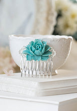 Load image into Gallery viewer, Teal Blue Rose Flower Hair Comb Teal Blue Wedding Hair Accessory Bridal Hair Comb Antiqued Brass Filigree Comb Victorian Bridesmaid Gift
