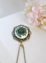 Load image into Gallery viewer, Cameo Necklace, Victorian Style Large Gold Green Rose Floral Cameo Antiqued Bronze Filigree Pendant Necklace Christmas Gift for Her
