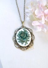 Load image into Gallery viewer, Cameo Necklace, Victorian Style Large Gold Green Rose Floral Cameo Antiqued Bronze Filigree Pendant Necklace Christmas Gift for Her
