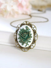 Load image into Gallery viewer, Cameo Necklace, Victorian Style Large Gold Green Rose Floral Cameo Antiqued Bronze Filigree Pendant Necklace Christmas Gift for Her
