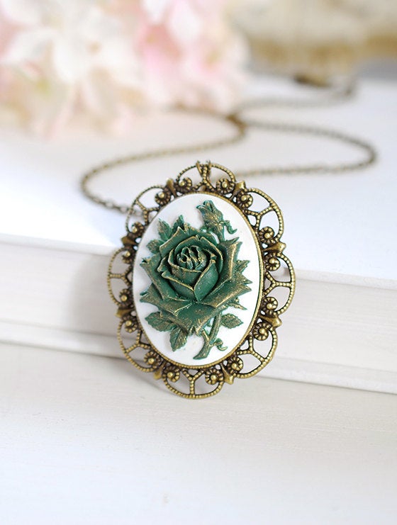 Cameo Necklace, Victorian Style Large Gold Green Rose Floral Cameo Antiqued Bronze Filigree Pendant Necklace Christmas Gift for Her