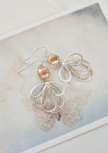 Load image into Gallery viewer, Peach Earrings Silver Filigree Champagne Dangle Earrings Peach Wedding Bridesmaid Earrings Silver Feather Chandelier Earrings Boho Chic
