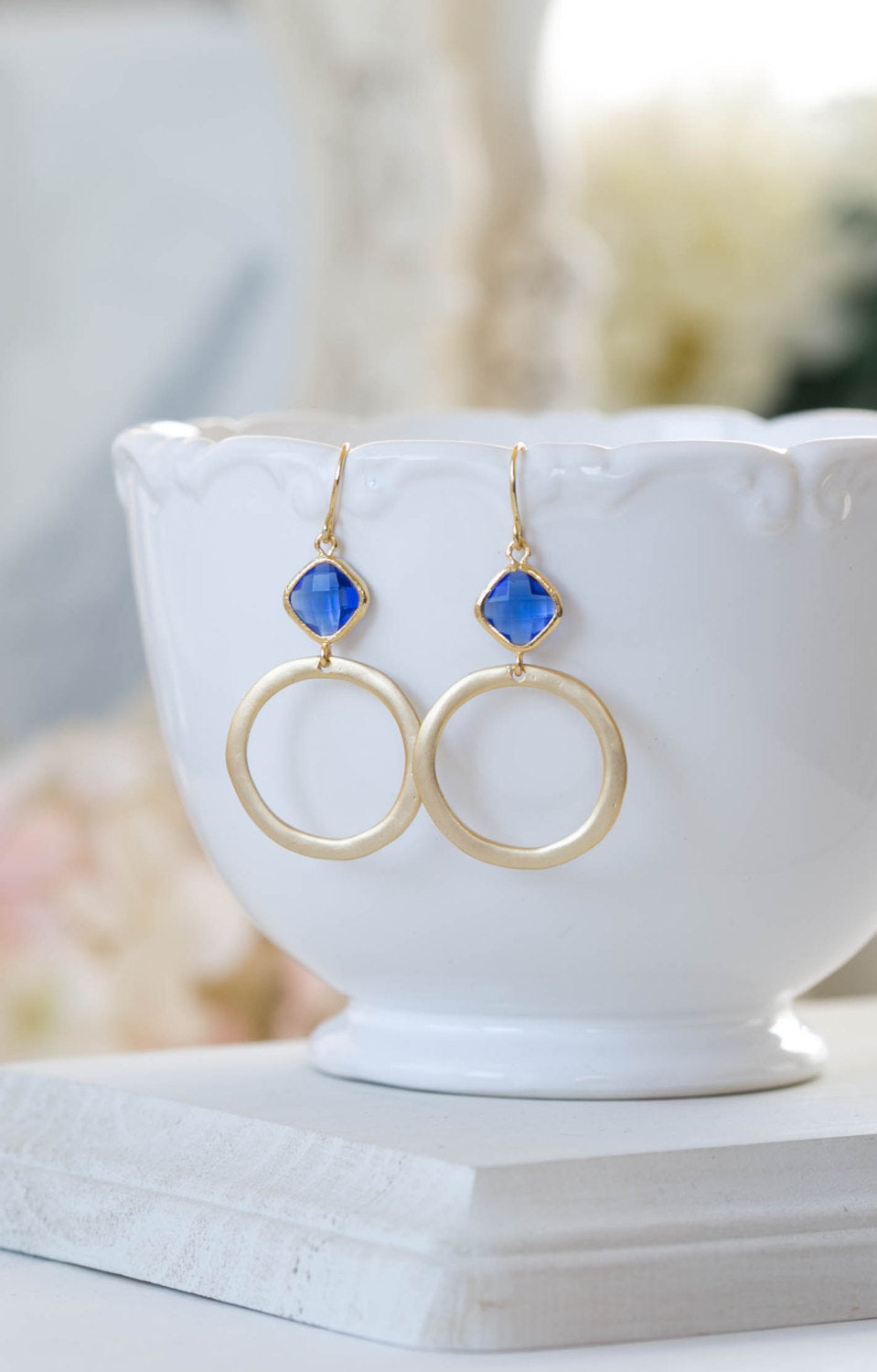 Gold Hoop Cobalt Blue Earrings Sapphire Blue Framed Glass Crystal Dangle Earrings September Birthstone Boho Chic Modern Everyday Earrings