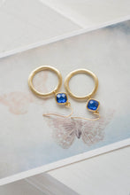 Load image into Gallery viewer, Gold Hoop Cobalt Blue Earrings Sapphire Blue Framed Glass Crystal Dangle Earrings September Birthstone Boho Chic Modern Everyday Earrings
