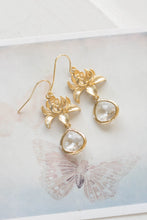 Load image into Gallery viewer, Gold Lotus Flower Clear Glass Crystal Dangle Earrings Drop Earrings Gold Wedding Jewelry Bridal Party Gift Bridesmaids Earrings boho Chic
