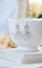 Load image into Gallery viewer, Peach Earrings Silver Filigree Champagne Dangle Earrings Peach Wedding Bridesmaid Earrings Silver Feather Chandelier Earrings Boho Chic
