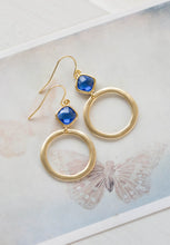 Load image into Gallery viewer, Gold Hoop Cobalt Blue Earrings Sapphire Blue Framed Glass Crystal Dangle Earrings September Birthstone Boho Chic Modern Everyday Earrings
