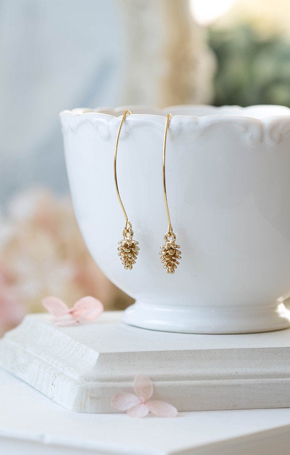 Gold Pine Cone Earrings Long Dangle Pine Cone Earrings Drop Earrings Pine Cone Jewelry Fall Earrings Autumn Jewelry Woodland Jewelry