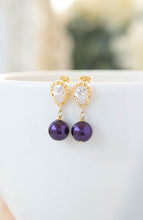 Load image into Gallery viewer, Gold and Purple Post Earrings Purple Wedding Bridal Jewelry Bridesmaid Gift Gold Plated Cubic Zirconia Purple Pearl Dangle Earrings
