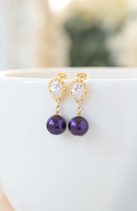 Gold and Purple Post Earrings Purple Wedding Bridal Jewelry Bridesmaid Gift Gold Plated Cubic Zirconia Purple Pearl Dangle Earrings