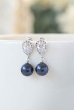 Load image into Gallery viewer, Navy BLue Wedding Bridal Pearl Earrings Silver Plated Cubic Zirconia CZ Crystal Dark BLue Pearl Post Earrings Navy Wedding Bridesmaid Gift
