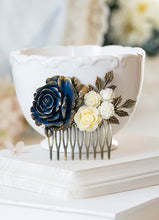 Load image into Gallery viewer, Gold Navy Blue Ivory Rose Flower Hair Comb Navy Blue Wedding Bridal Hair Comb Romantic Rustic Vintage Wedding Hair Accessory Hair Slide
