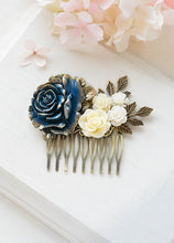 Load image into Gallery viewer, Gold Navy Blue Ivory Rose Flower Hair Comb Navy Blue Wedding Bridal Hair Comb Romantic Rustic Vintage Wedding Hair Accessory Hair Slide
