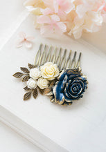 Load image into Gallery viewer, Gold Navy Blue Ivory Rose Flower Hair Comb Navy Blue Wedding Bridal Hair Comb Romantic Rustic Vintage Wedding Hair Accessory Hair Slide
