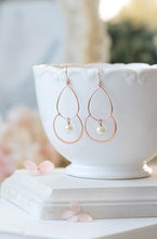 Load image into Gallery viewer, Rose Gold Hoop Dangle Earrings Pink Gold Swarovski Cream Pearl Drop Earrings Chandelier Earrings Rose Gold Jewelry Boho Chic gift for her
