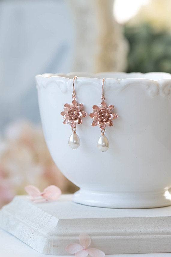 Rose Gold Earrings Pink Gold Lotus Flower Cream Teardrop Pearl Dangle Earrings Yoga Jewelry Rose Gold Pink Gold Jewelry Bridal Earrings